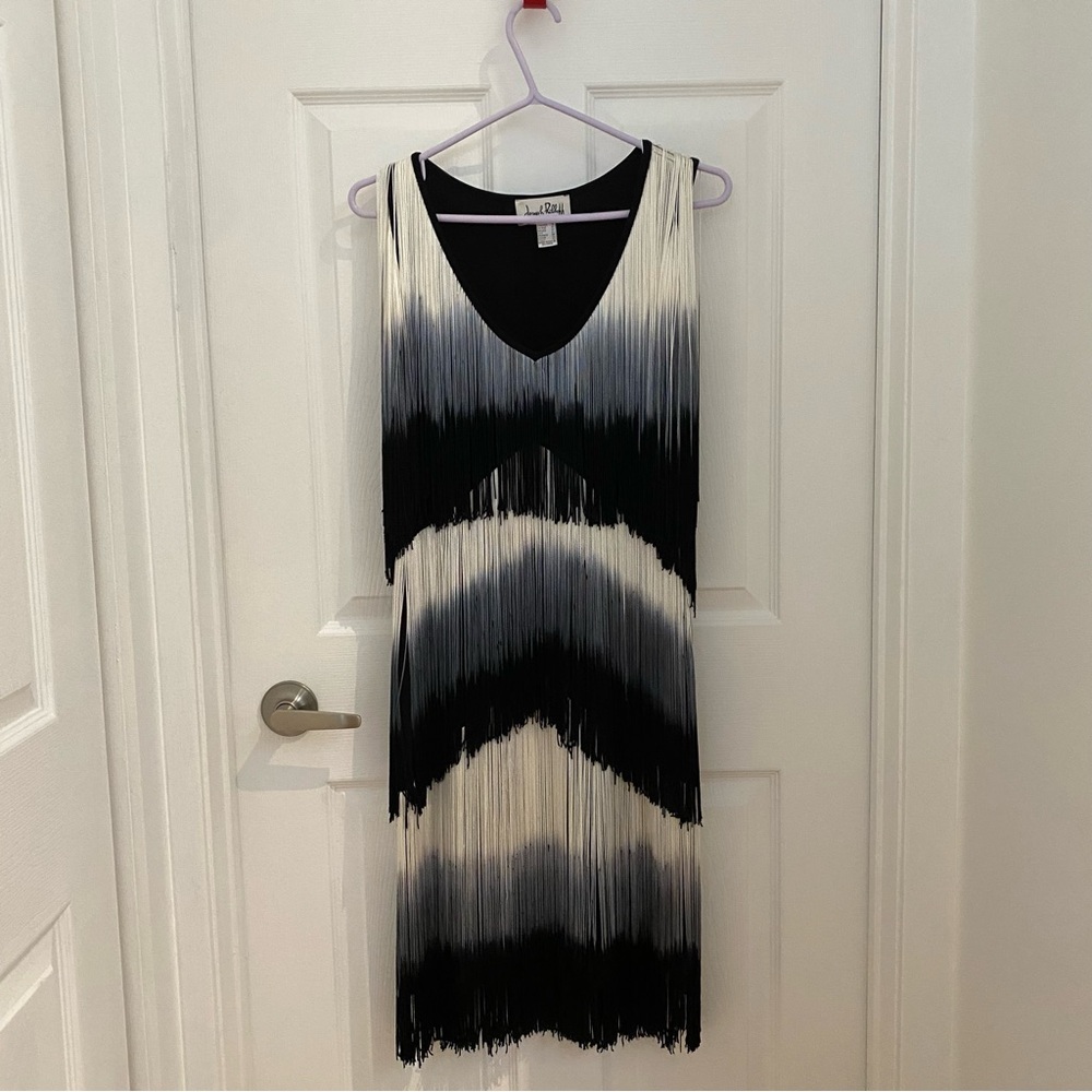 Joseph Ribkoff Black, White and Grey Fringe Midi Dress